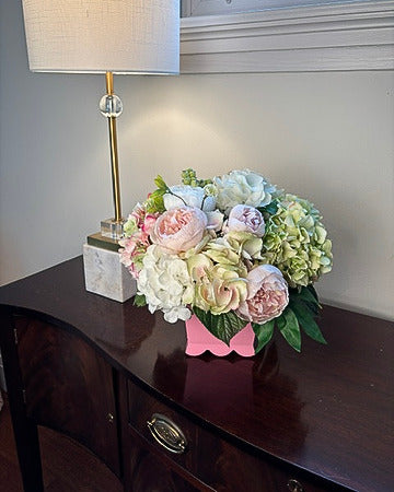 Pink and White Hydrangea in Pink Scalloped Cache Pot