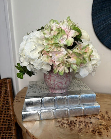 White & Pink Hydrangea in Pink Toile Pot