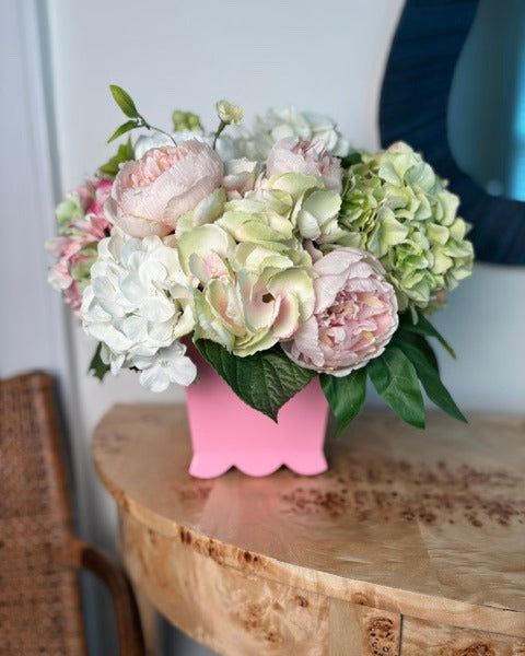 Pink and White Hydrangea in Pink Scalloped Cache Pot