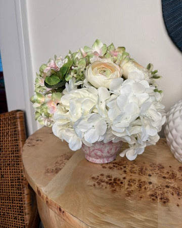 White & Pink Hydrangea in Pink Toile Pot