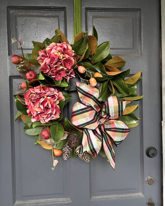 Hydrangea, Magnolia Wreath, Plaid Ribbon