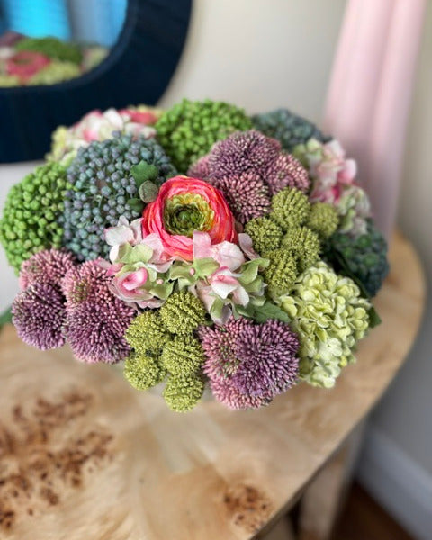 Sedum, Hydrangea, and Ranunculus Mounded in Green & White Bowl