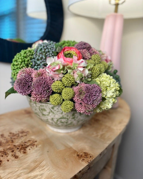 Sedum, Hydrangea, and Ranunculus Mounded in Green & White Bowl
