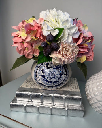 Hydrangea and Raspberry in Blue Painted Vase