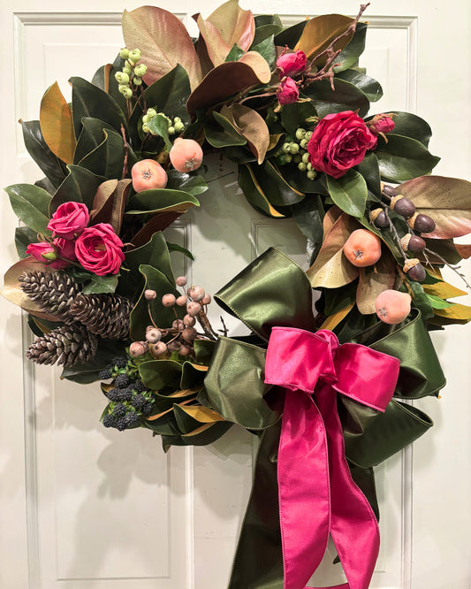 Raspberry Rose, Fruit & Magnolia Fall Wreath