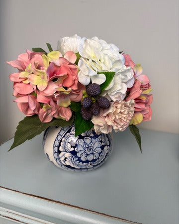 Hydrangea and Raspberry in Blue Painted Vase