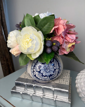 Hydrangea and Raspberry in Blue Painted Vase