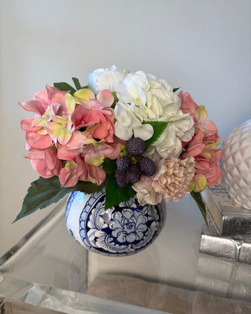 Hydrangea and Raspberry in Blue Painted Vase