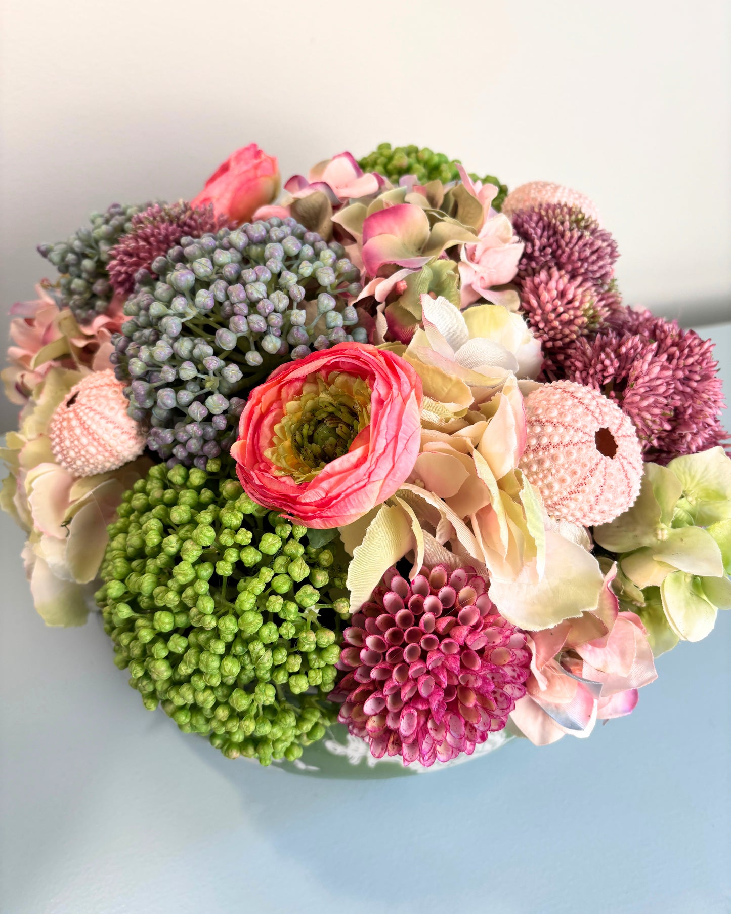 Sedum, Hydrangea, Ranunculus and Shells