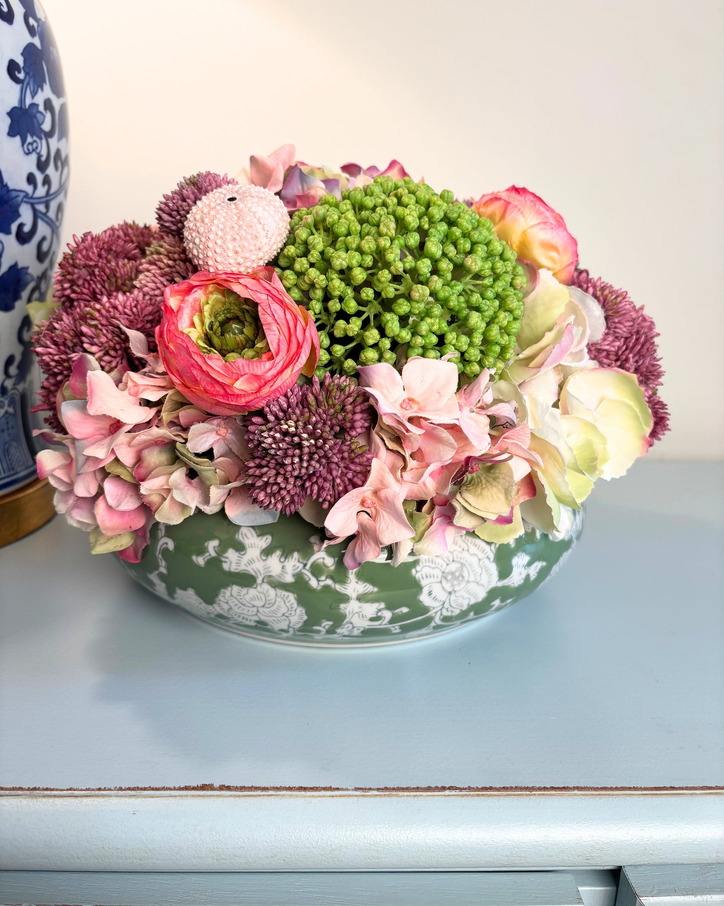 Sedum, Hydrangea, Ranunculus and Shells