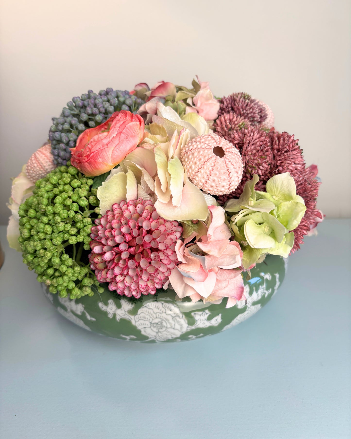 Sedum, Hydrangea, Ranunculus and Shells