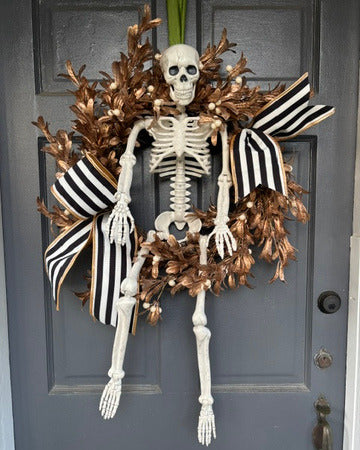 Halloween Wreath, Skeleton on Gold Leaves and Pearl