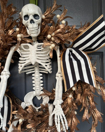 Halloween Wreath, Skeleton on Gold Leaves and Pearl