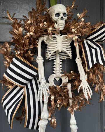 Halloween Wreath, Skeleton on Gold Leaves and Pearl