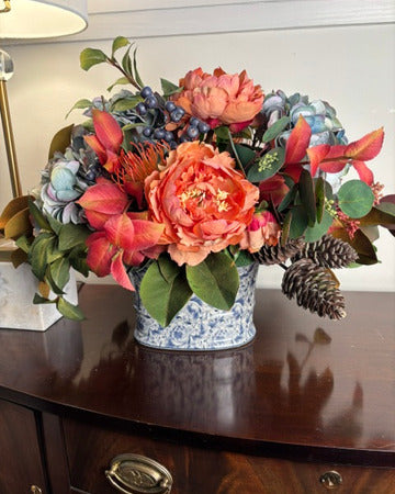Fall Hydrangea & Peony in Blue Toile