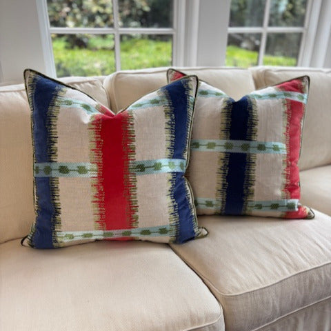 Velvet Blue and Coral Stripe 22" Sq Pillows Pair
