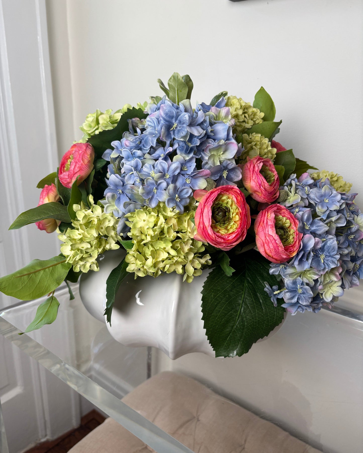 Green and Periwinkle Hydrangea with Bright Pink Ranunculus