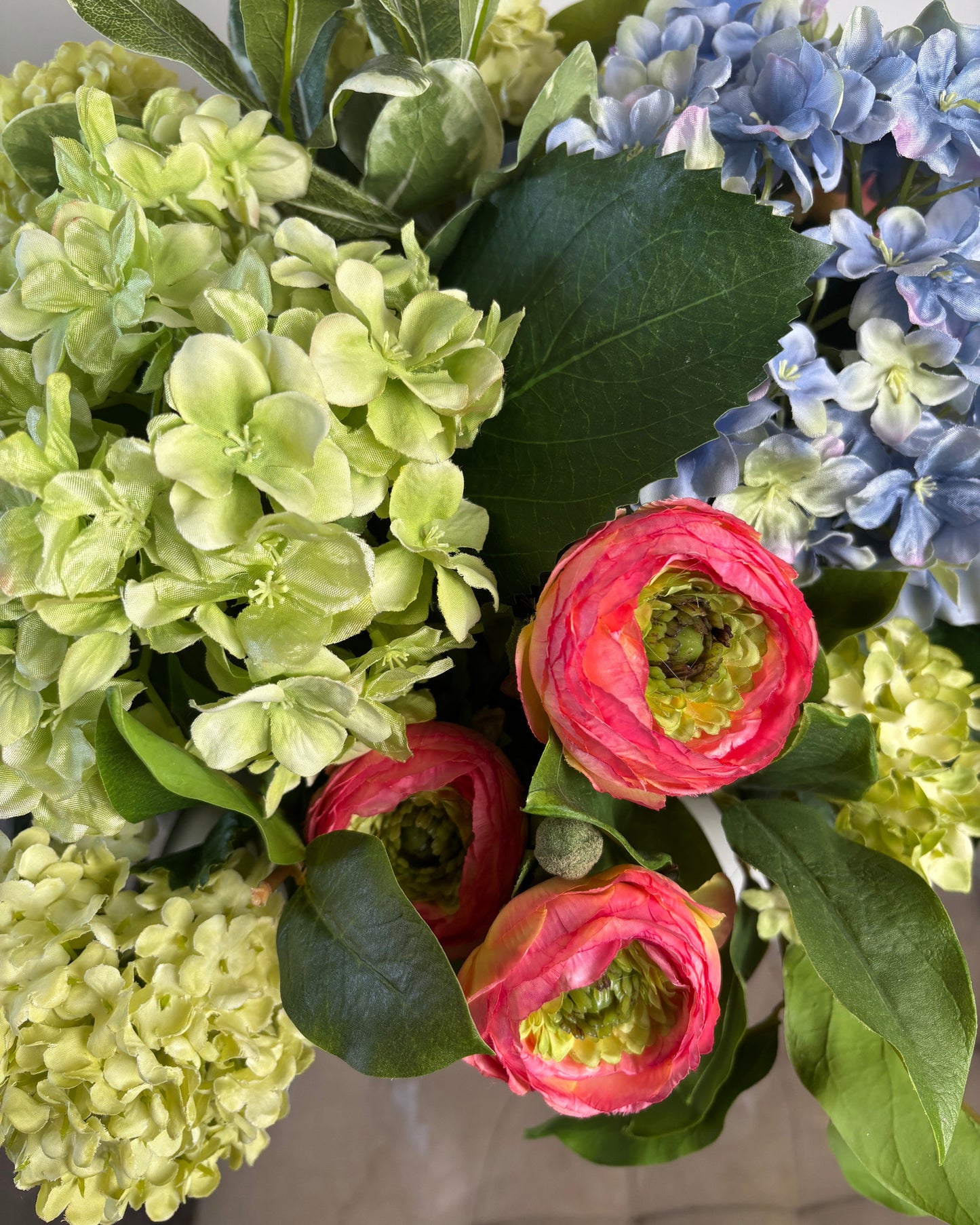 Green and Periwinkle Hydrangea with Bright Pink Ranunculus