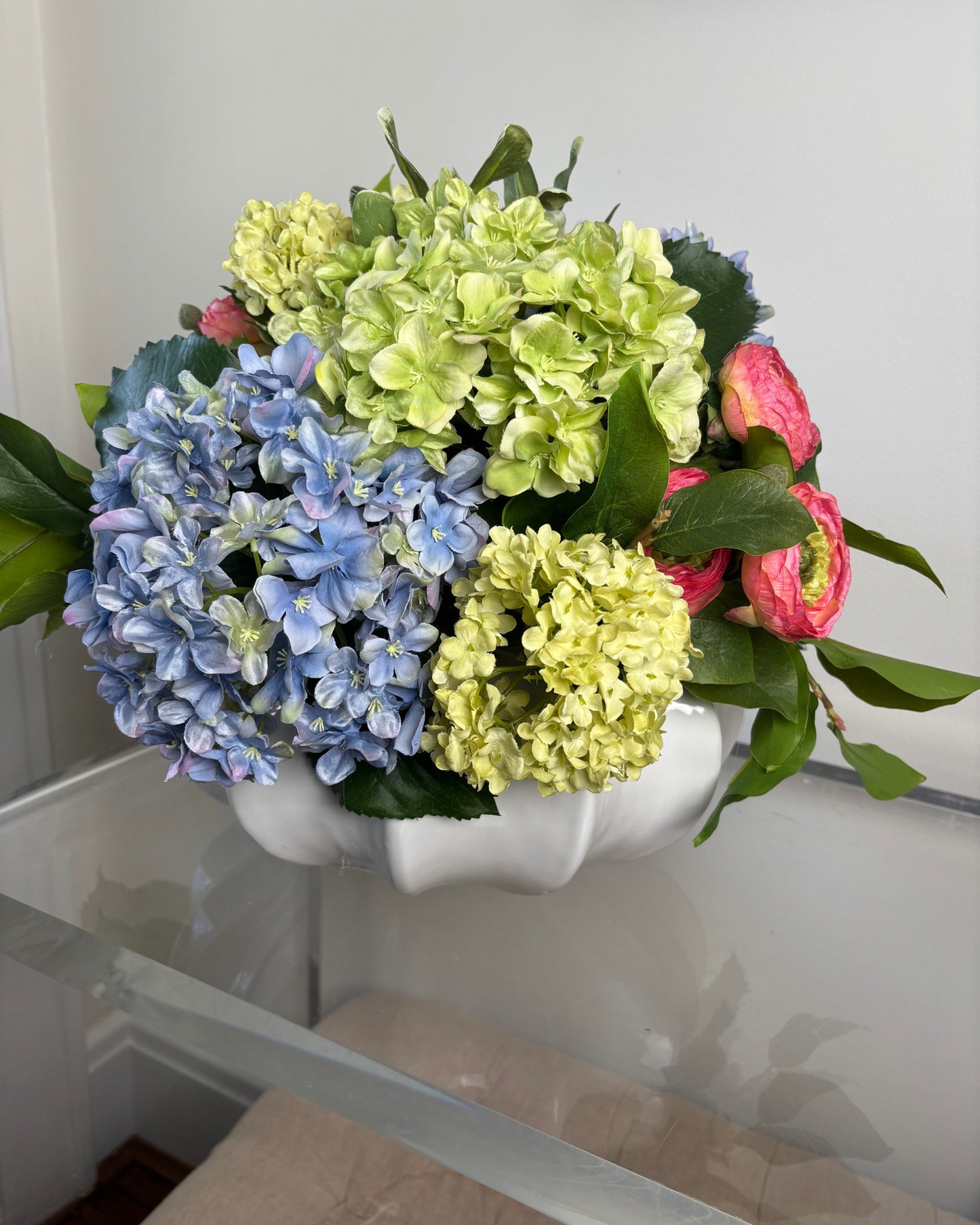 Green and Periwinkle Hydrangea with Bright Pink Ranunculus