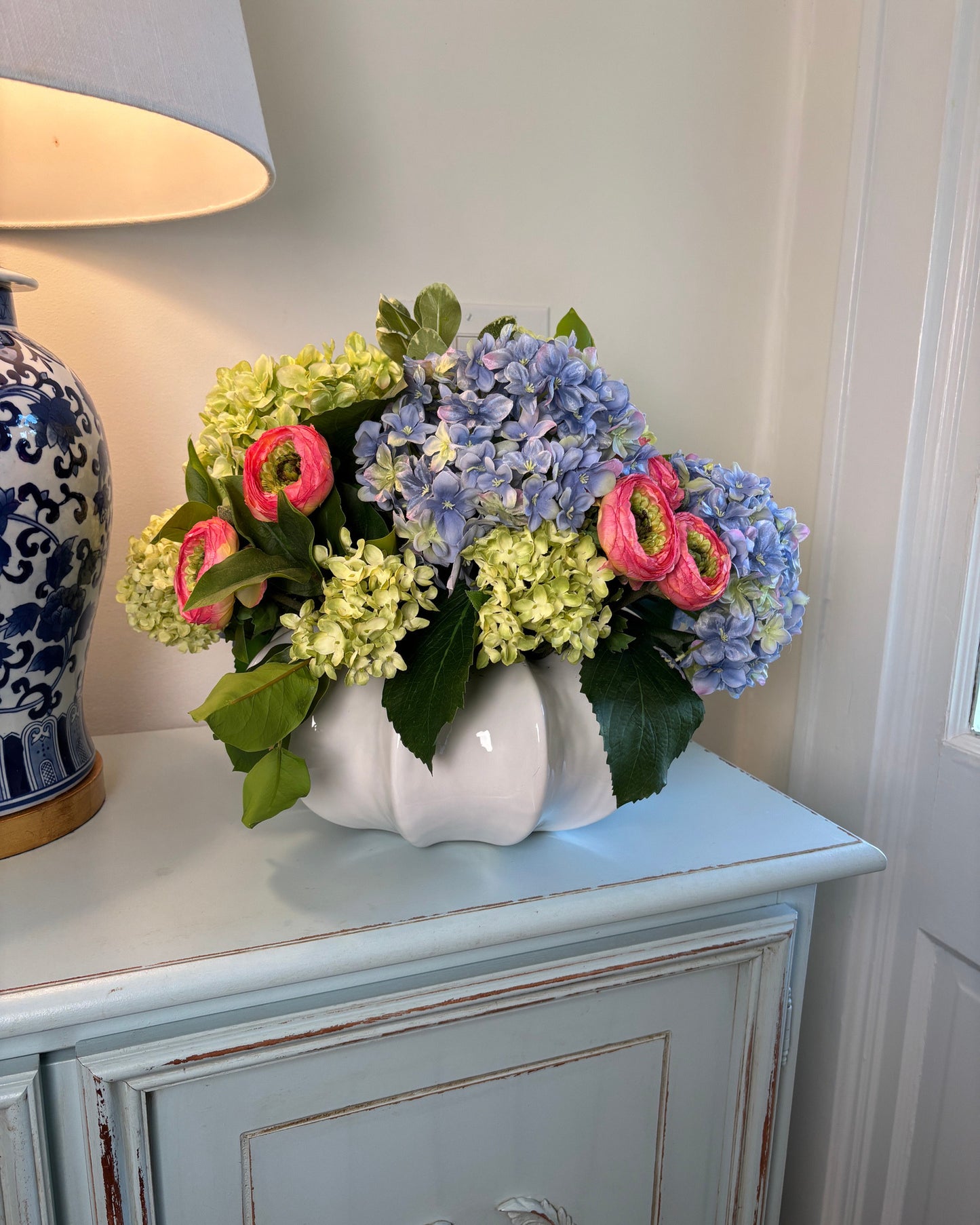 Green and Periwinkle Hydrangea with Bright Pink Ranunculus