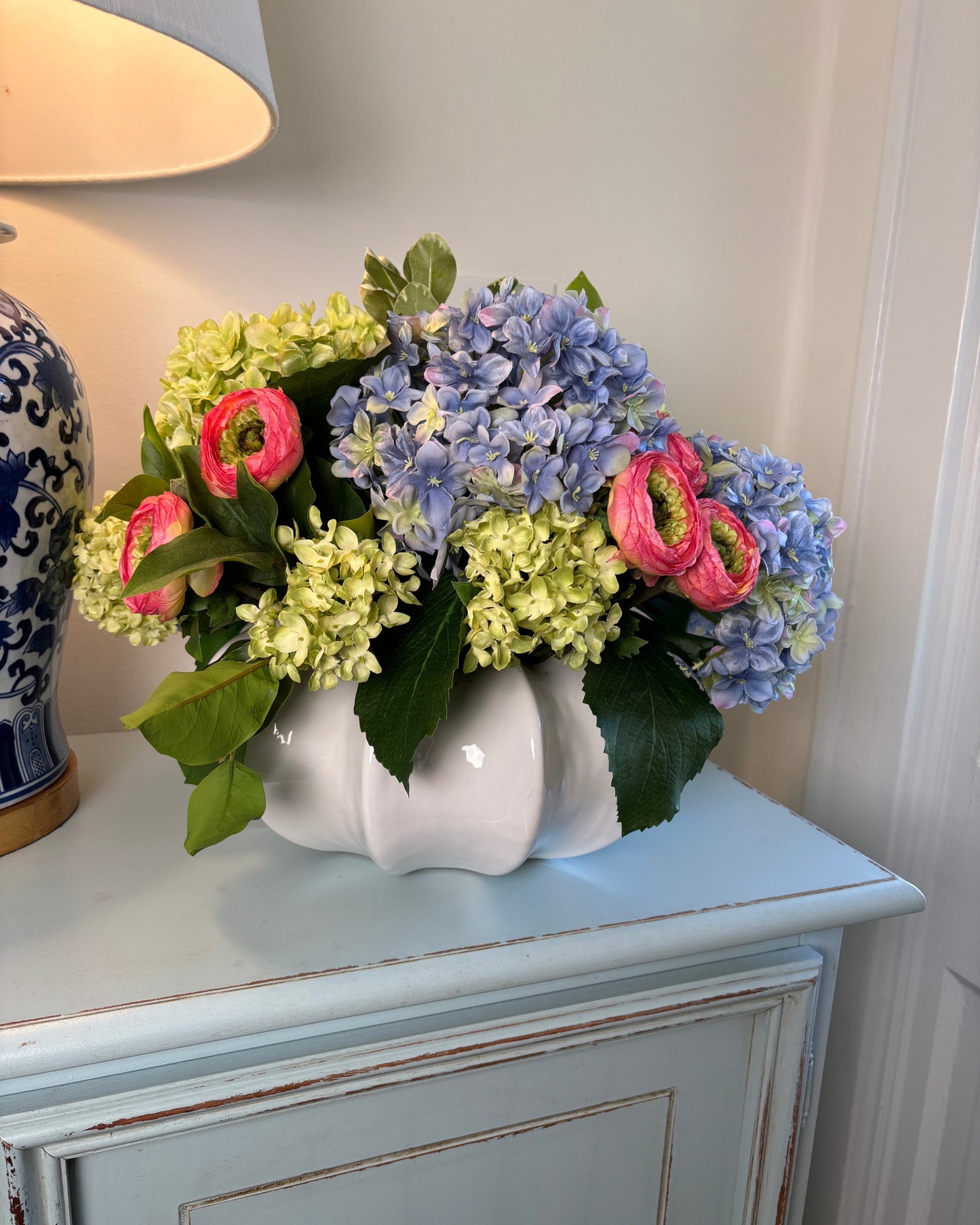 Green and Periwinkle Hydrangea with Bright Pink Ranunculus