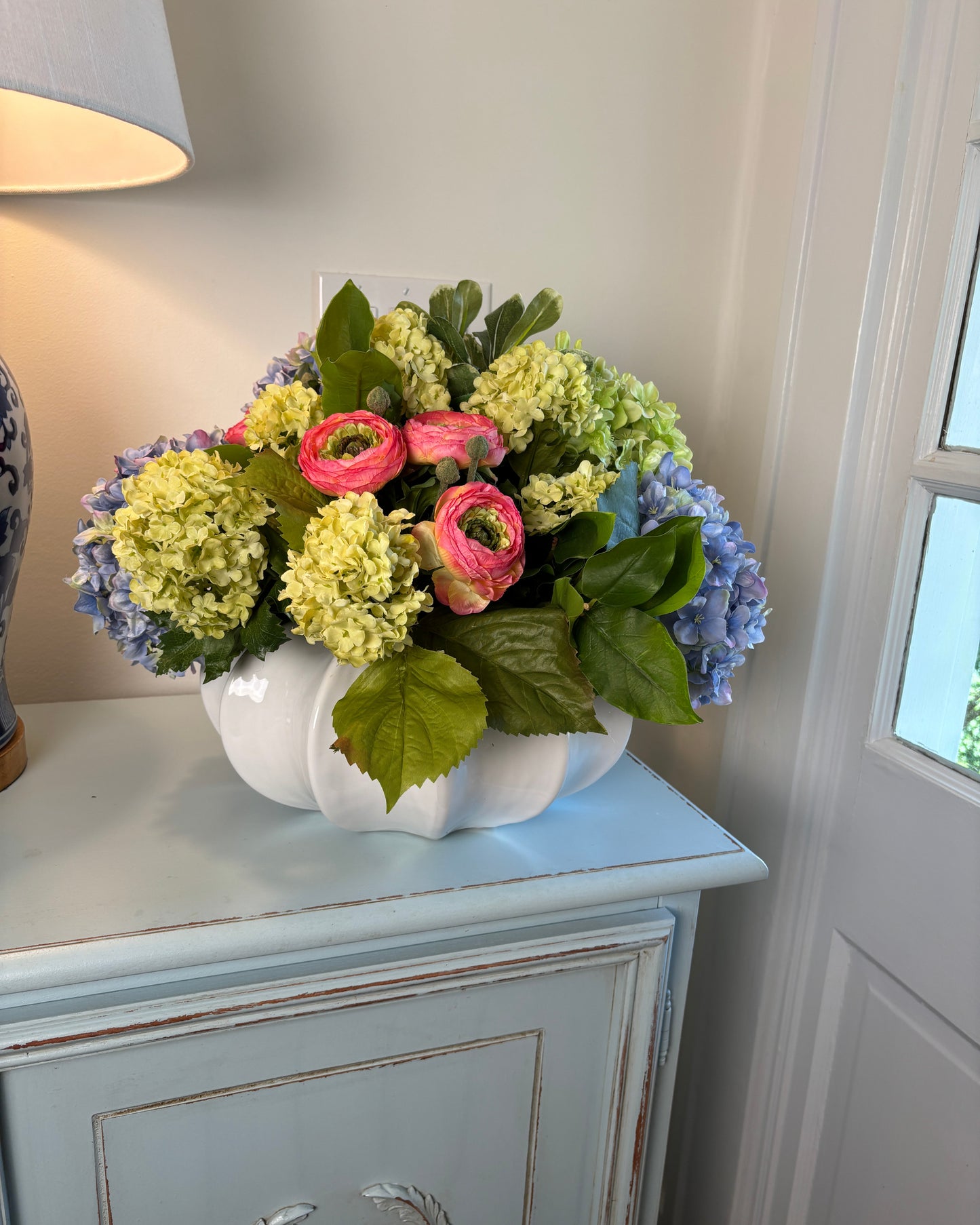Green and Periwinkle Hydrangea with Bright Pink Ranunculus
